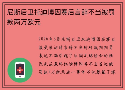 尼斯后卫托迪博因赛后言辞不当被罚款两万欧元