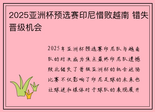 2025亚洲杯预选赛印尼惜败越南 错失晋级机会